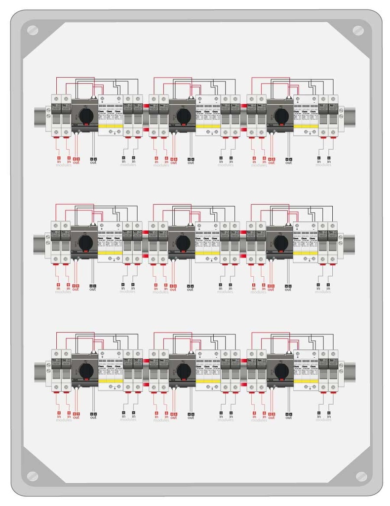 ARMARIO CONEXIÓN 1000V PV - 9 MPPT 2 STRING FUS 15A - SECCIONADOR 25A + PROTECTOR SOBRETENSIONES CLASE II